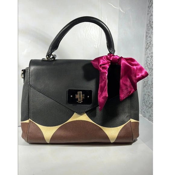 Kate Spade New York Canvas Leather Satchel Bag Black Brown Wave Pattern PXRU2484